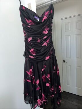 Black & Pink Floral Ruched Slip Dress
